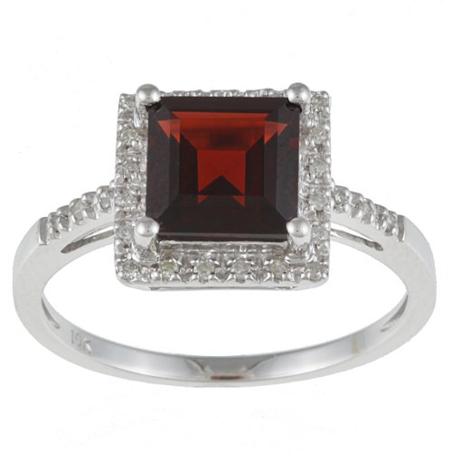 10k White Gold Square Garnet and Diamond Ring (1/10 TDW)