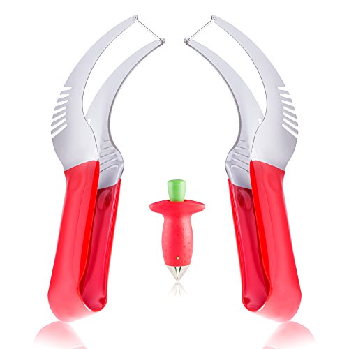 2 Watermelon Slicers Stainless Steel Tong 2 FREE BONUS: Strawberry Huller And Watermelon Recipes E-Book Multipurpose Cutter Corer Server- Kid Friendly Pulp Scoop- By Melloneat