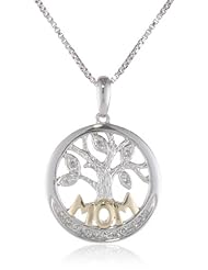 XPY Sterling Silver and 14k Yellow Gold MOM Tree of Life with Diamond Pendant Necklace, 18"