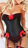 Sexy Black Satin Corset with Red Lace & Ribbons G-String Set S - XL