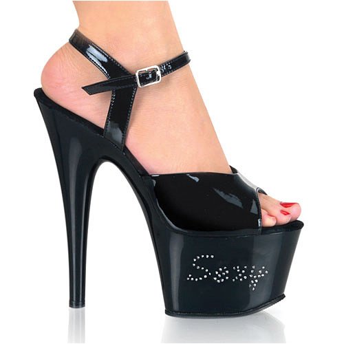 Pleaser Shoes Women's ADORE-709RE-2, 6 1/2'' Stiletto Heel Ankle Strap Platform Sandal W/Rhinestone-Embedded Double Hearts Lettering. from Pleaser