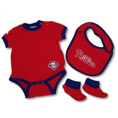 PHILADELPHIA PHILLIES BABY BIB BOOTIES CRAWLER SET SZ 6-9 MOS