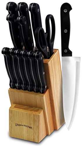 Knife Set with Wooden Block 13 Piece - Chef Knife, Bread Knife, Carving Knife, Utility Knife, Paring Knife, Steak Knife, and Scissors