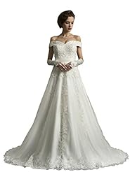 A-line Off the Shoulder Tulle Lace-Up Applique Wedding Dress  with a Court Train 