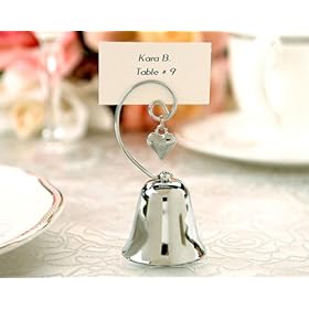  Charming Chrome Bell Place Card/Photo Holder with Dangling Heart Charm (Set of 4) - Baby Shower Gifts & Wedding Favors