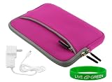 Magenta Dual-Pocket Neoprene Sleeve Case and Travel Wall Charger for Barnes & Noble nook E-Reader Reading Device (nook NOT Included)