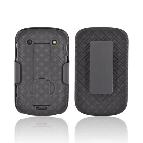 For Blackberry Bold 9900 9930 Black Rubberized Textured Hard Case Cover Holster w Rotating Swivel Belt Clip Stand Combo