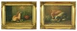 Traditional Framed Artwork of 2 Bunnies, Exquisitely Reproduced Miniature Antique Oil Painting in Vintage Gold Frame