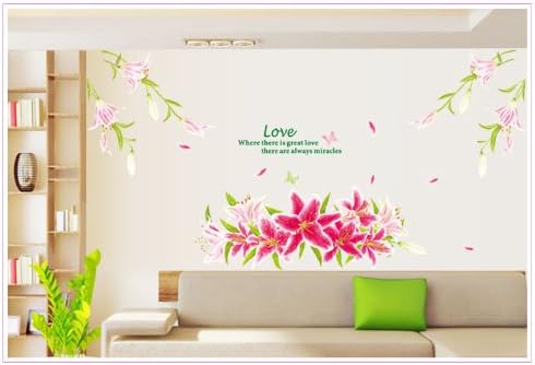 YYone Love Quote Huge Pink Lily Flowers Removable Wall Decal Home Decor Sticker Flower Mural