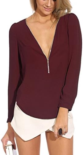 MiYang Women's Chiffon Long Sleeve V Neck Front Zip up Blouse T-Shirts