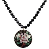 41g LIkRnoL. SL160  Gold Overlay Sterling Silver Black Onyx Beads w/ Black Cloisonne Round Pendant Necklace