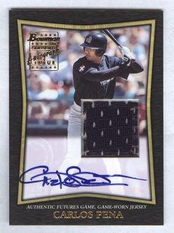 Carlos Pena 2002 Topps Bowman Certified Autograph Issue #FGAJ-CP w/ Futures Game Piece of Game Used Jersey Tampa Bay Rays