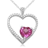 Sterling Silver Checkerboard Created Pink Sapphire Diamond Heart Pendant, 18