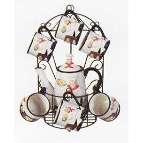 Fat Chef 9 Piece Tea Set Metal Rack Pot and cups