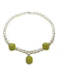 Sterling Silver 8-9mm White Baroque Freshwater Pearl and 20mm Flower Shape Olive Serpentine Known As Korean Jade Necklace 18".