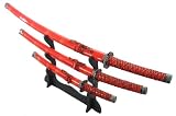 3pc Collectible Red Samurai Sword Set with Stand