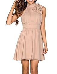 Chiffon/Polyester/Spandex Halter Sleeveless Fit-and-Flare High-Neck Pleated Sheer Keyhole Skater Dress/Mini Dress 