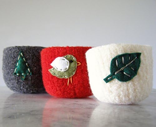 Nesting bowls - felted wool bowls - Pine tree, green bird, and leaf pattern - stacking bowls - winter tabletop decor