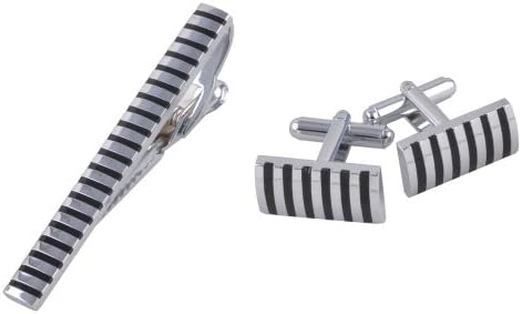 GoodBZ Men's Rhodium Plated Cufflinks &amp; Necktie Tie Clip Bar Set Black Stripe Design