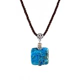 Necklace - N519 - Genuine Semi Precious Stone Hung on a Brown Triple-Strand Twisted Silk / Satin Cord + 2" Extension Chain - Rounded Square Shape ~ Chrysocolla
