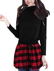 Stretchy Long Sleeves Plaid Print Cotton/Polyester Mini Dress 