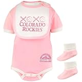 MLB Majestic Colorado Rockies Infant Girls Pink Sweetheart 3-Piece Creeper, Bib & Booties Set (6-9 Months)