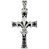 Sterling Silver Fleur de Lys on Cross Pendant w/ Black CZ Stones, w/ 18" Thin Box Chain