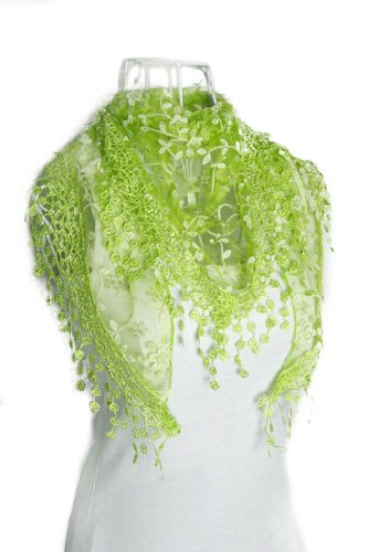 Suppion Fashion Lace Tassel Sheer Burntout Floral Print Triangle Mantilla Scarf Shawl (Green)