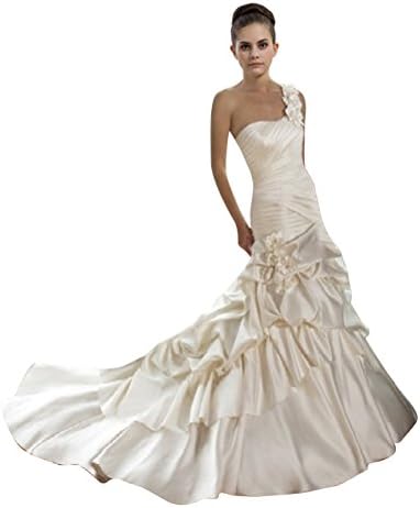 Junai Women's One Shoulder Court Train Satin Mermaid Bride Dresses Ivory US 16