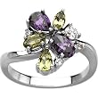 14K White Gold Peridot, Amethyst and Diamond Ring