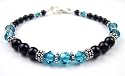 Blue Zircon Bracelets: Sterling Silver Beaded Swarovski Crystal Black Pearl Handmade Bracelets
