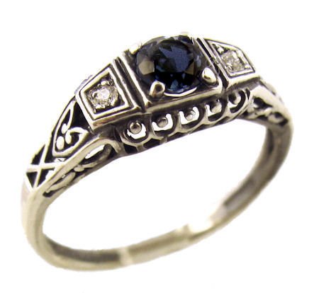 Art Deco Style Sterling Silver Filigree .25ct Sapphire & Diamond Ring