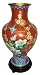 Red Chinese cloisonne vase with bird, flowers and plum blossoms, 17 H with wooden stand