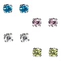 Sterling Silver Four Pair Colored Cubic Zirconia Stud Earring Set (Pink, Green, Clear, Blue)
