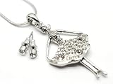 Beautiful Large Crystal Ballerina Charm Necklace with Stud Earrings Silver Tone