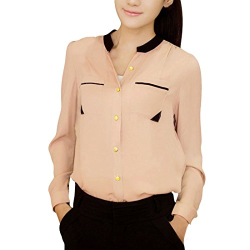 Allegra K Women Button Down Patch Pockets Long Sleeve Blouse Sheer Chiffon Shirt