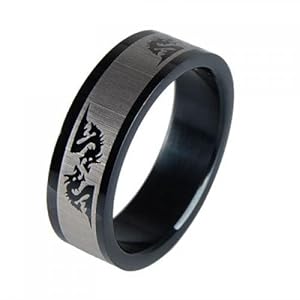 Mens Stainless Steel Double Dragon Band Ring US Size 10 - Black