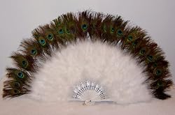 White Marabou Feather Fan with Peacock Tips