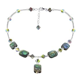 SCNK078 .925 Sterling Silver Abalone &amp; Crystal Necklace made with Swarovski Elements 16" 18" 20" 22" 24" Long: Jewelry