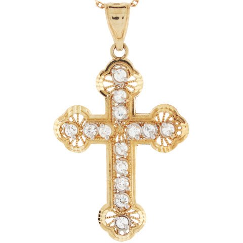 10k Gold Filigree Diamond Cut Cross Religious Christian Catholic CZ Pendant