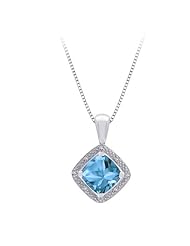 Cushion Cut (Amethyst / Blue Topaz / Peridot) and Diamond Square Halo Pendant with Chain in Sterling Silver (0.05 cttw)