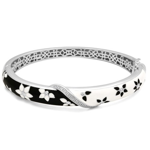 Sterling Silver Diamond Black and White Enamel Floral Bangle Bracelet