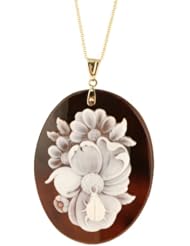14k Yellow Gold Italian Sardonyx Shell Cameo Flower Pendant Necklace, 18"