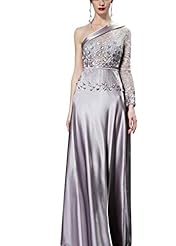 A-line Sequined Beaded Mesh Long Sleeves One Shoulder Satin Cocktail Floor Length Homecoming Dress/Pageant Dress/Prom Dress/Party Dress/Wedding Dress 