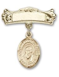 14K Gold Baby Badge with St. Francis de Sales Charm and Arched Polished Badge Pin