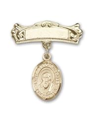 Gold Filled Baby Badge with St. Francis de Sales Charm and Arched Polished Badge Pin
