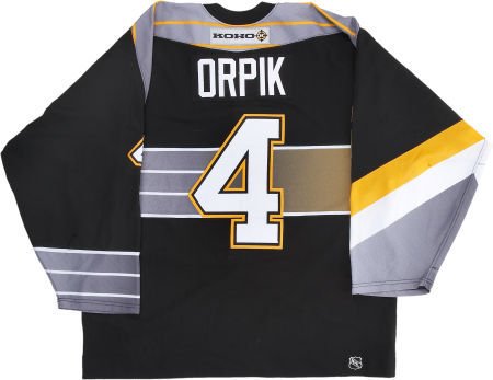 2001-02 Brooks Orpik Pittsburgh Penguins Game Worn Jersey. Game Worn Road Jersey Used By the Pittsburgh Penguins As an Alternate Style for the Final Time in 2001-02. Brooks Orpik Wore the Now Defunct Style of CCM Air-knit Jerseys During the 2001-02 NHL Preseason. LOA From Penguins Chronicles, Casey Samuelson