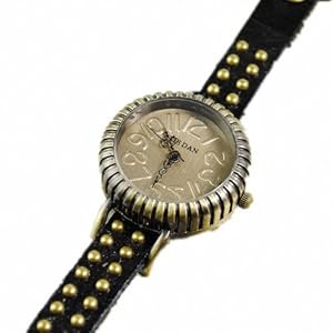 P&o Vintage Girls Students Trendy Bead Studded Genuine Leather Slim Band Bracelet Wrist Watch Black