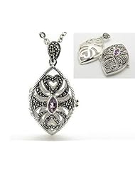 Scent Locket Marcasite and Genuine Amethyst Filigree Sterling Silver Aromatherapy Pendant with 20" Chain Necklace