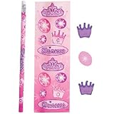 12 Packs of Princess Stationary Sets Girls Princess Party Bag Favors, Princess Stickers, Pencil and Erasers in Each 5 Piece Set.